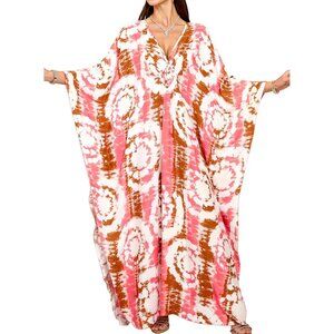 Women's Pink Tie-die Floral V-Neck Batwing Sleeves Summer Cover Up Kaftan Dress